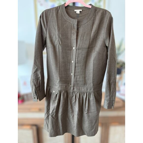 J. Crew 100% Merino Wool Pintuck Dropped-Waist Shirt Dress Brown Womens Size 6 - Picture 2 of 14